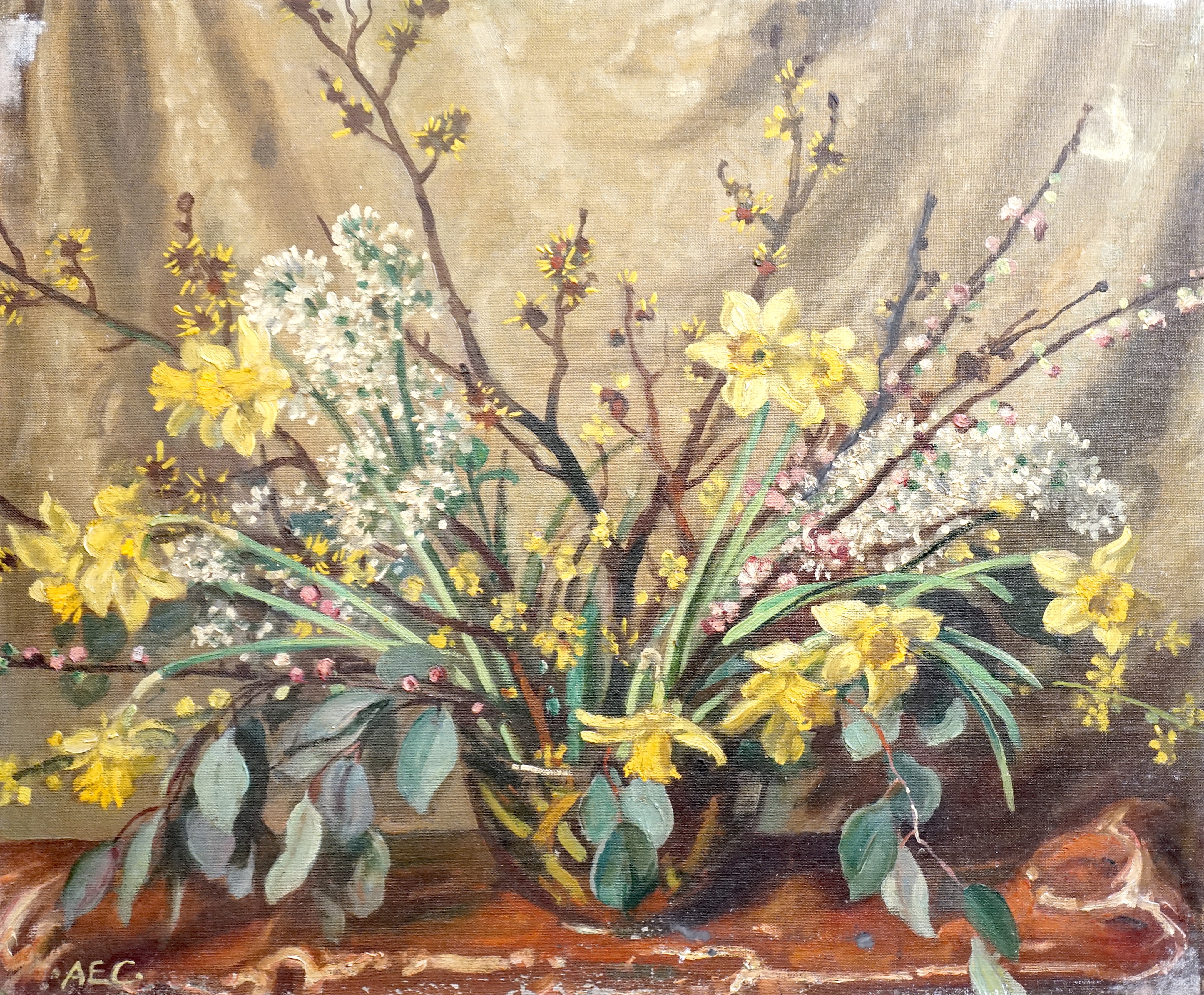 Alfred Egerton Cooper (1883-1974), Spring flowers in a vase, oil on canvas, 63 x 76cm, unframed